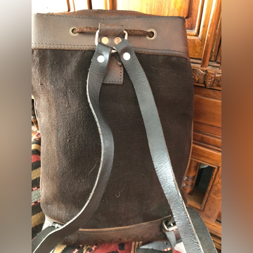 Vintage Dark Brown Tooled Leather and Woven Fabric Backpack - Picture 7 of 12